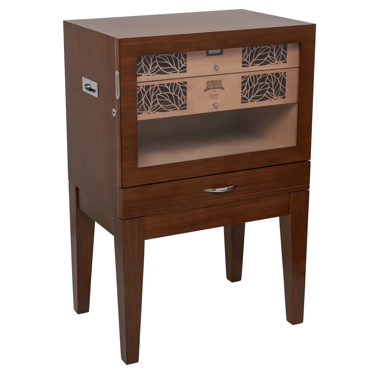 Balthazar II End Table Humidor – Full View in Walnut Oak Finish