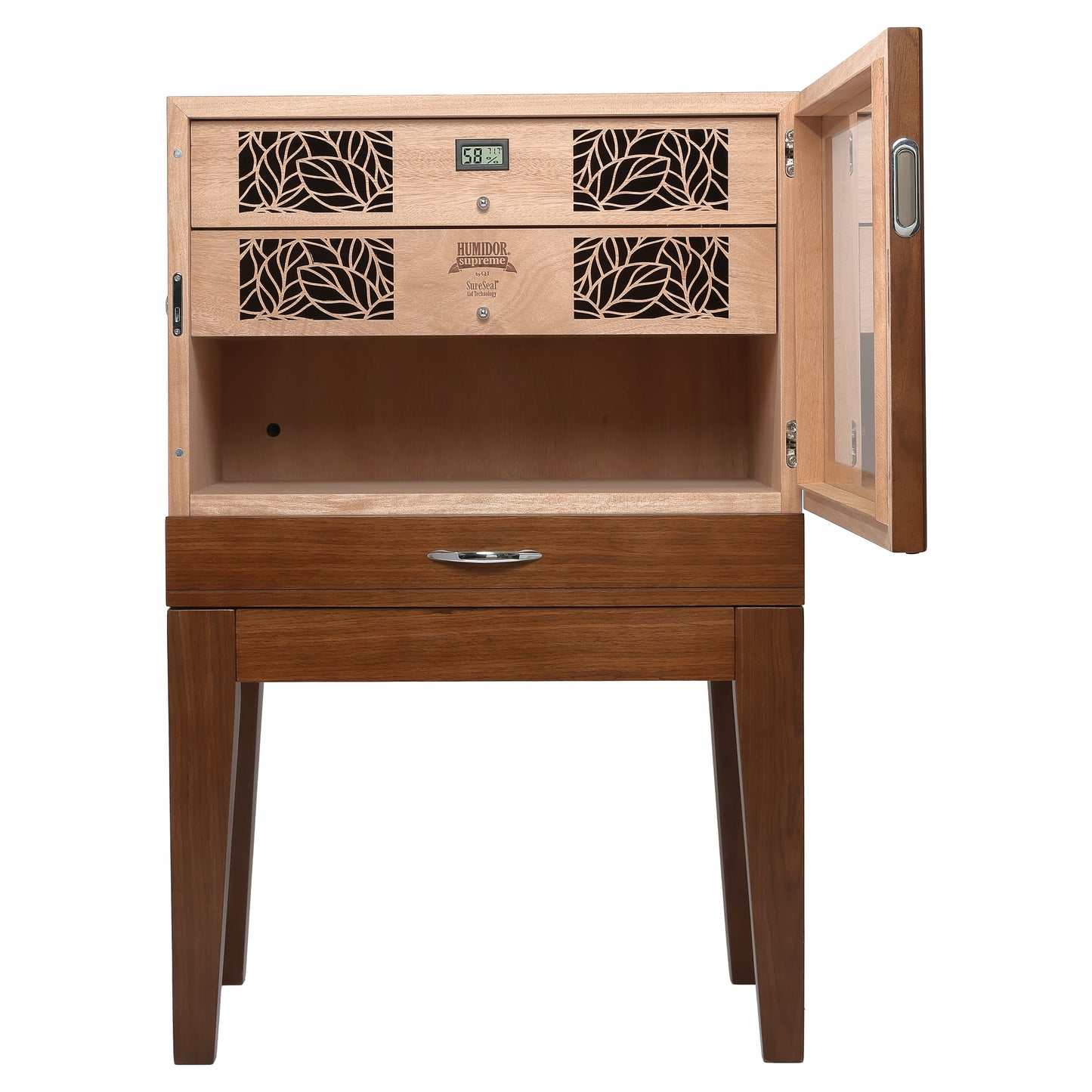 Front View – Humidor with Glass Doors and Storage Drawers
