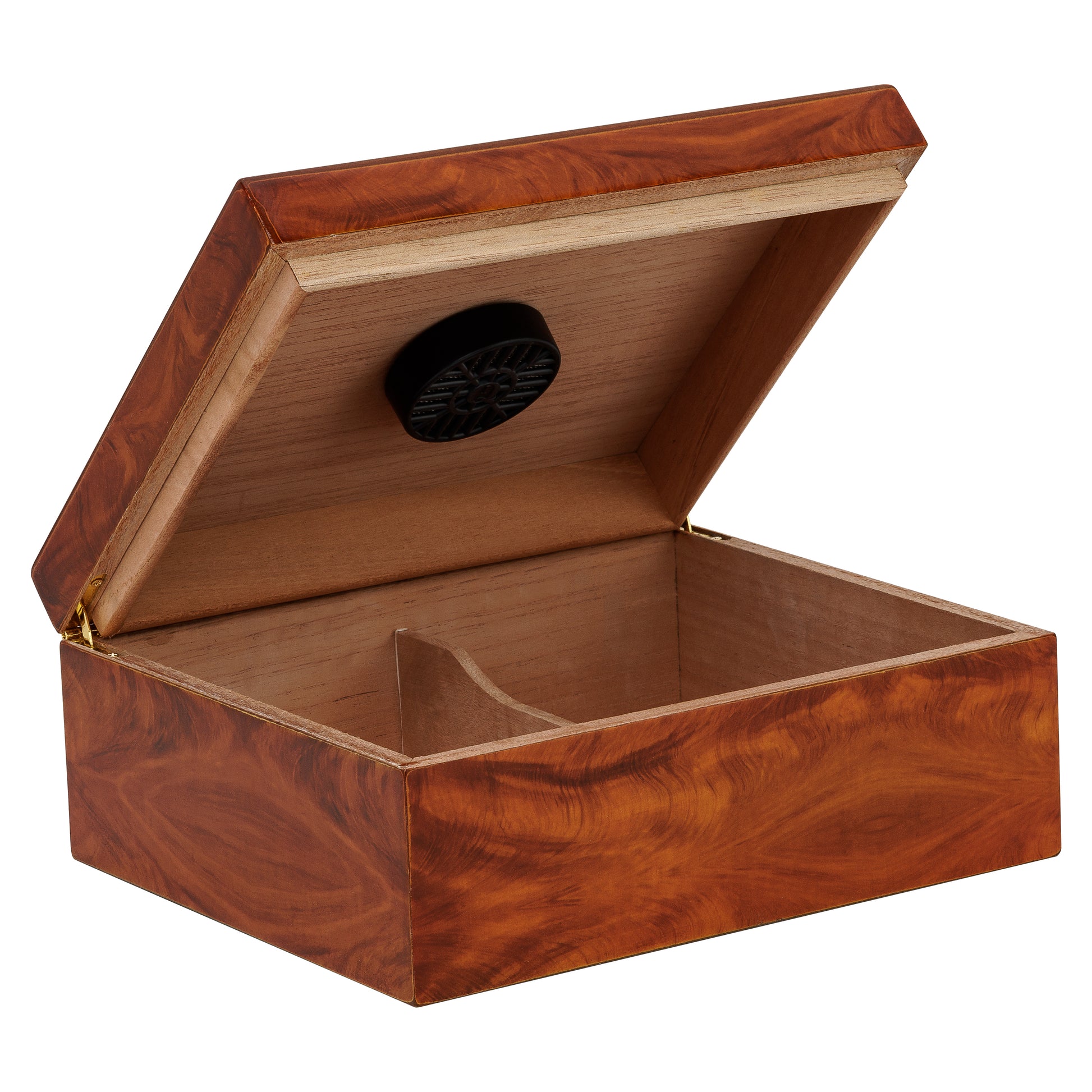 Front Angle – Éclat Burl Humidor Fully Open