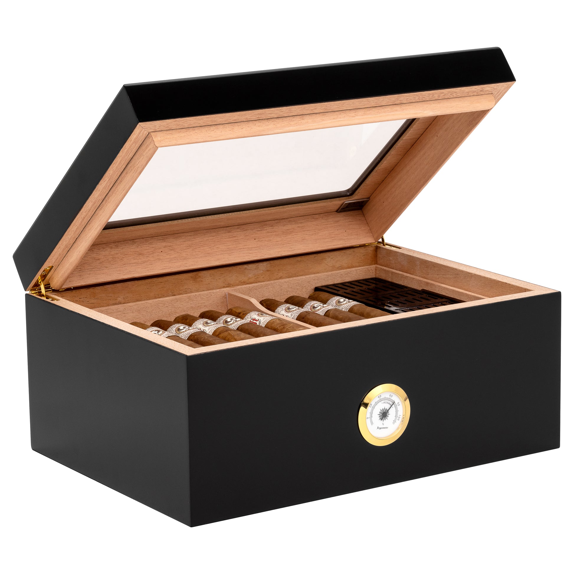 Side Angle – Elegant Black Humidor with Glasstop Display