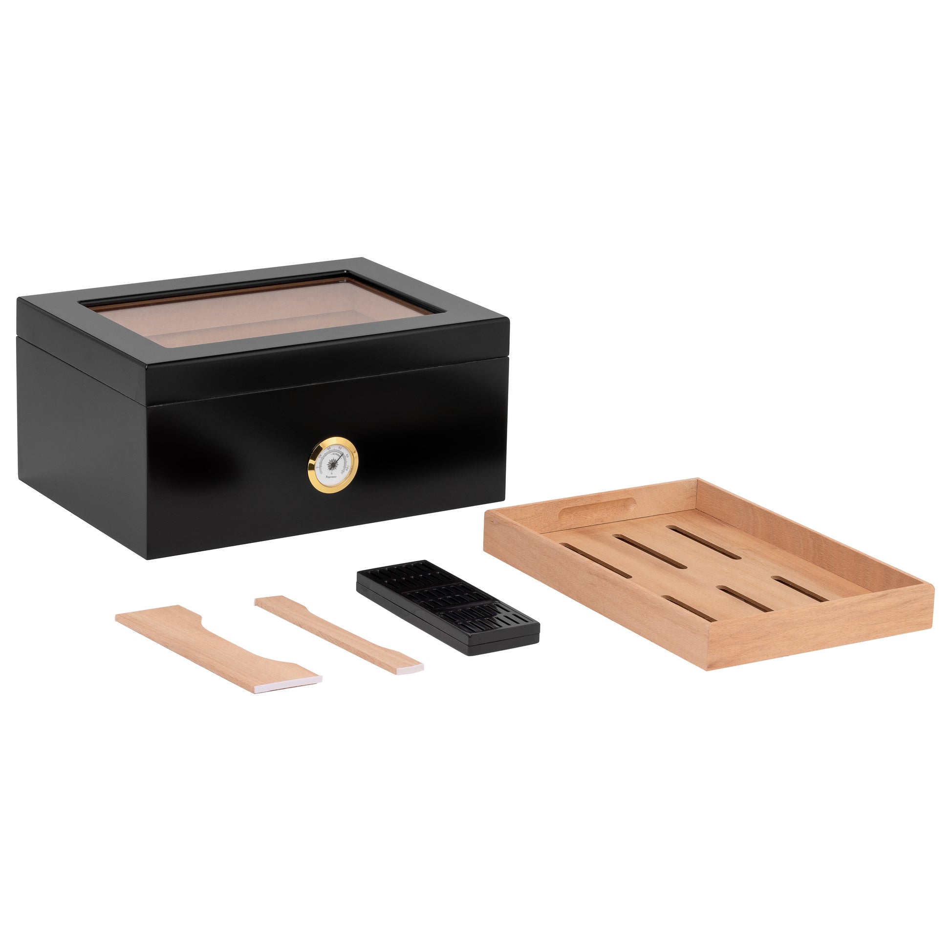 Humidor Open with Accessories – Key Lock and Hygrometer