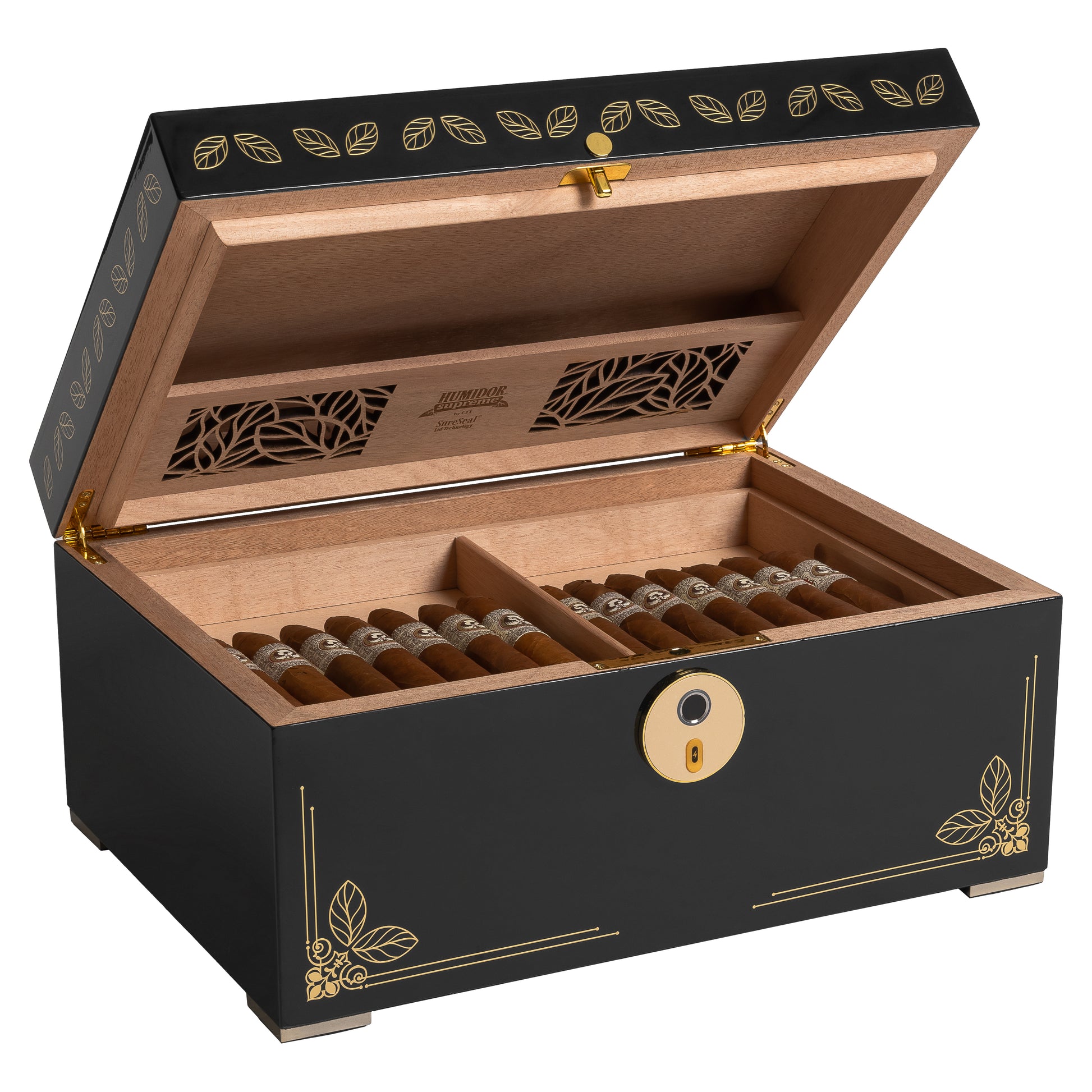 Oro Humidor Open – Fingerprint Lock and Cedar Tray Display