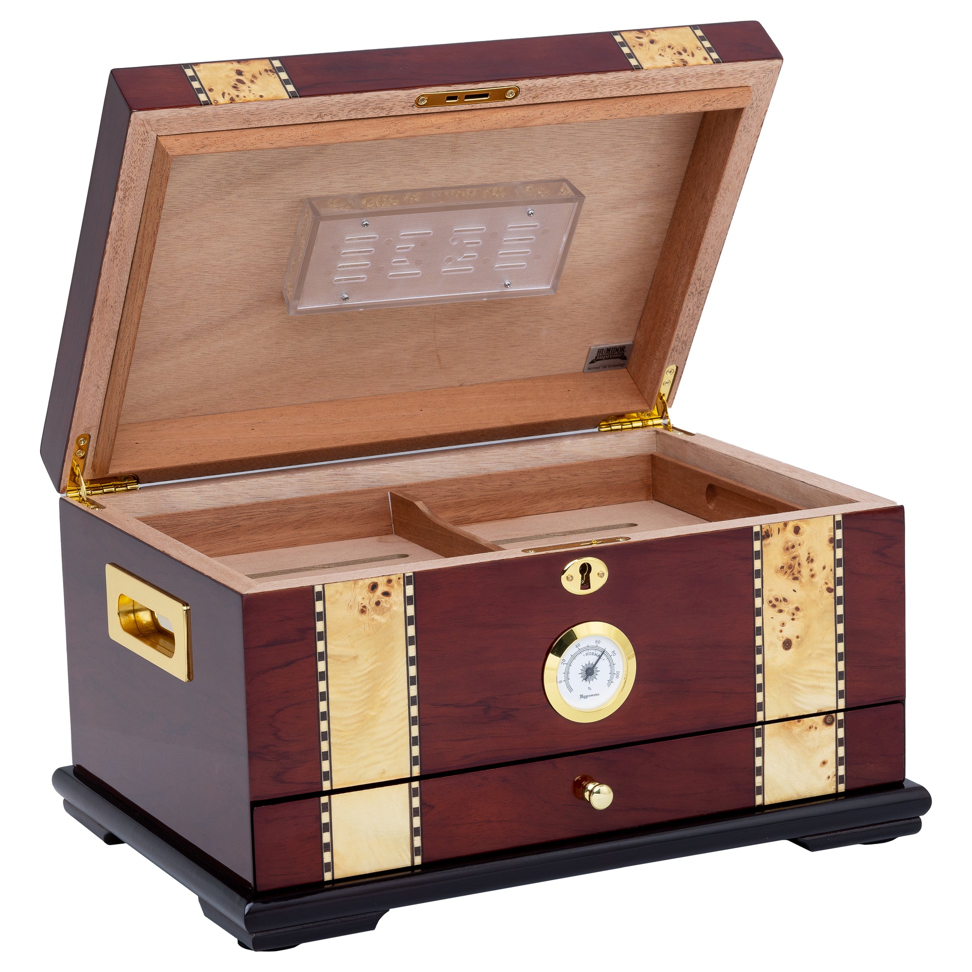Angled View – Humidor with Lock, Divider, and Inlay Detail