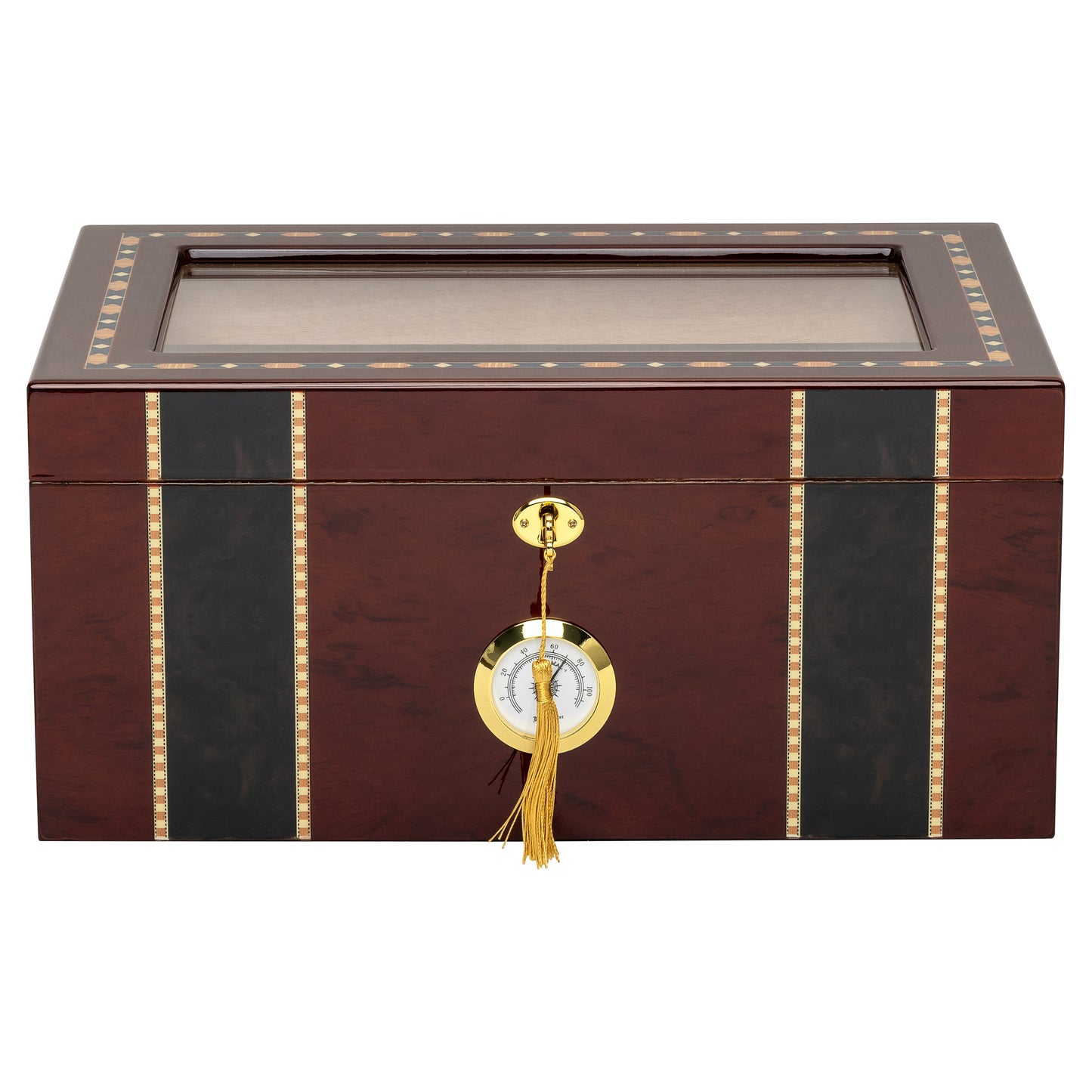Front View – Brass Lock and Engraved Accent Panels
