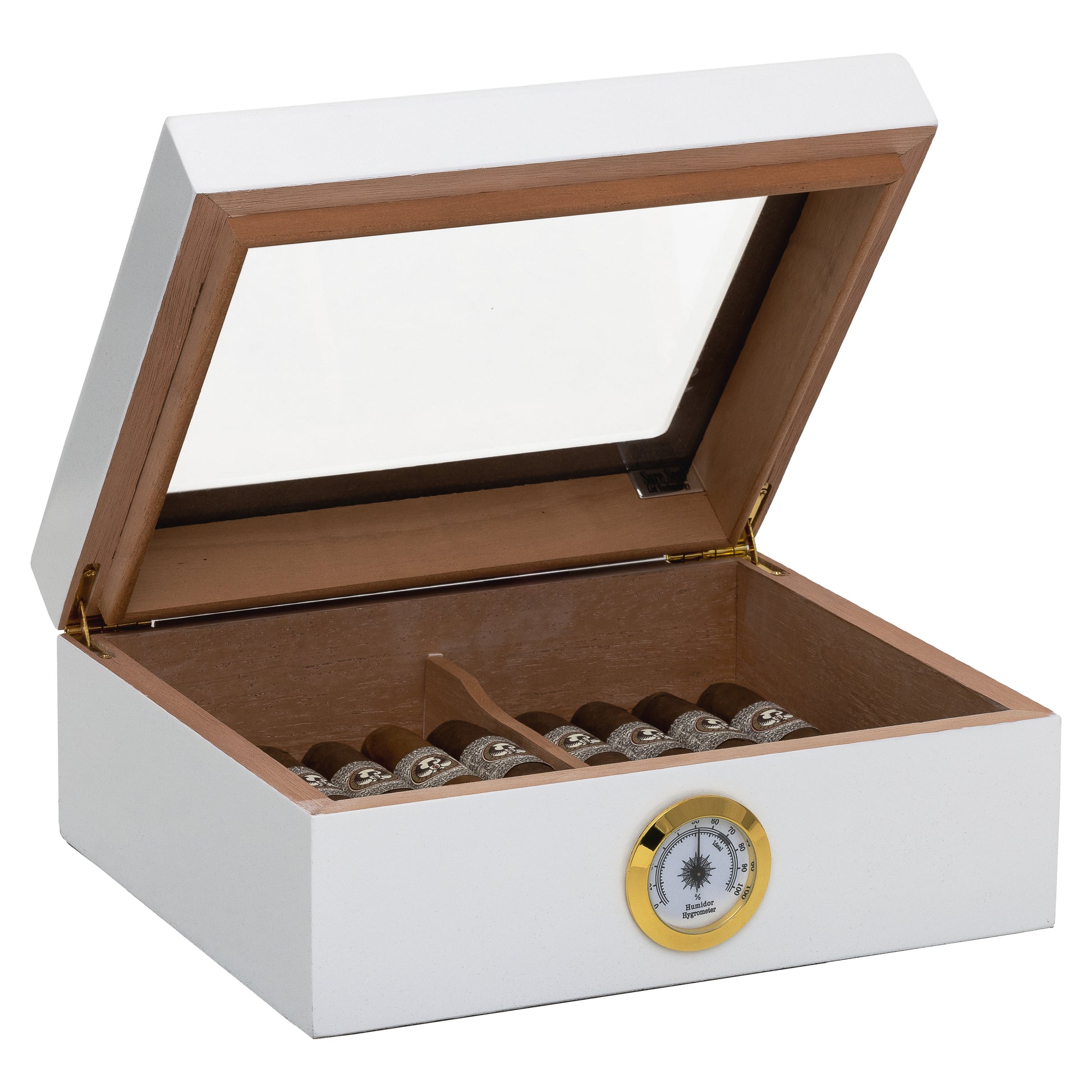 Closed View – White Humidor with Hygrometer and Glass Lid
