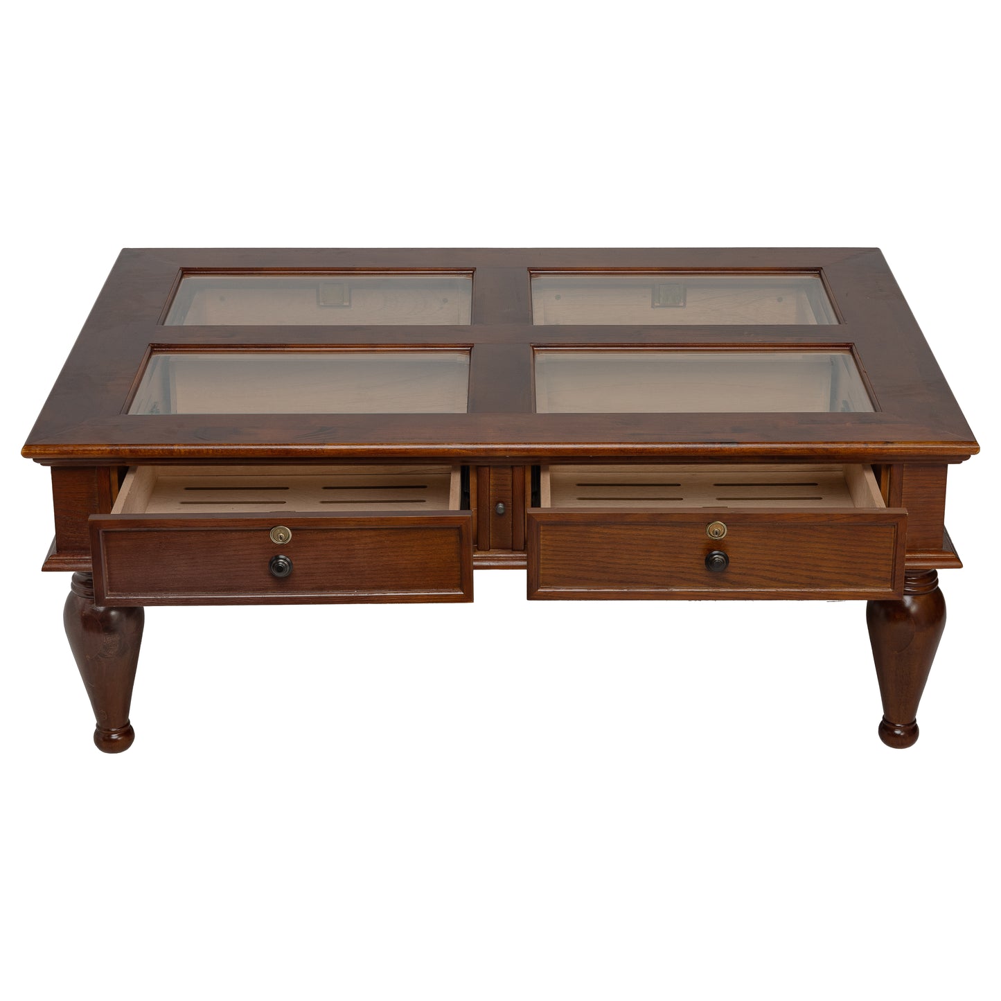 Coffee Table Humidor – Mahogany Finish with Glass Display Panels