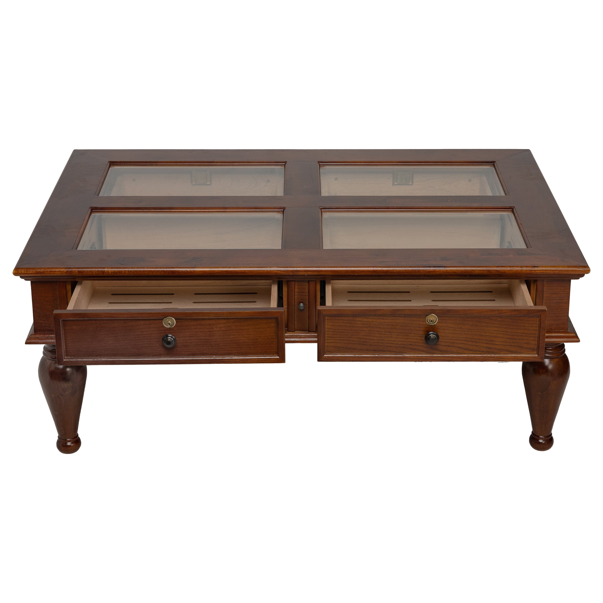 Coffee Table Humidor – Mahogany Finish with Glass Display Panels